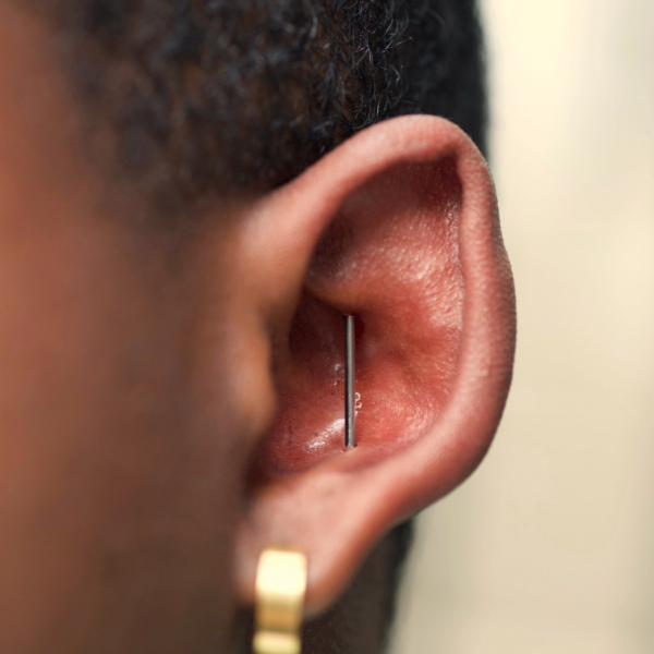 close up of pierced ear with silver bar going through the ear vertically